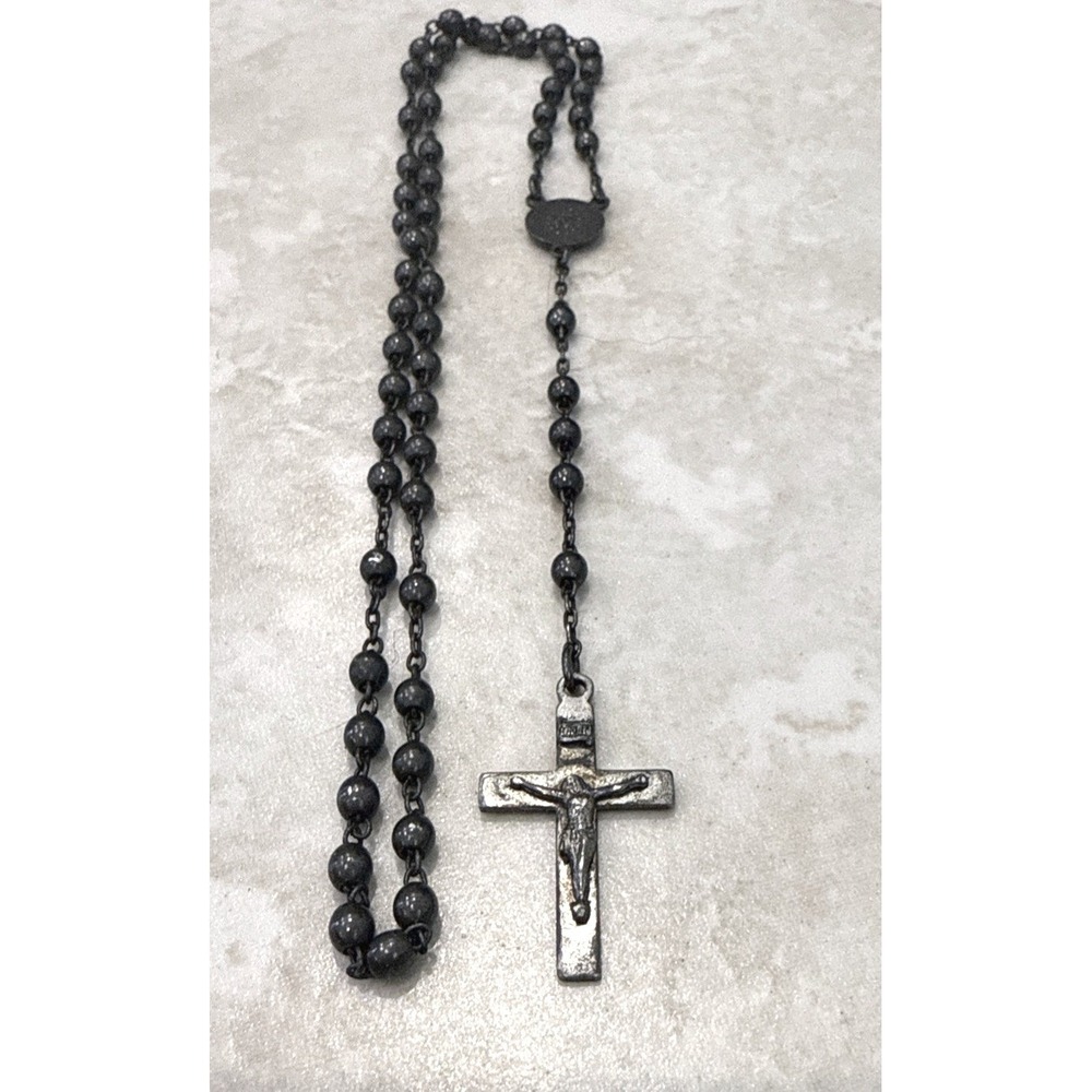 Vintage Sterling Silver Rosary Necklace Birch Miraculous Medal Crucifix Gothic